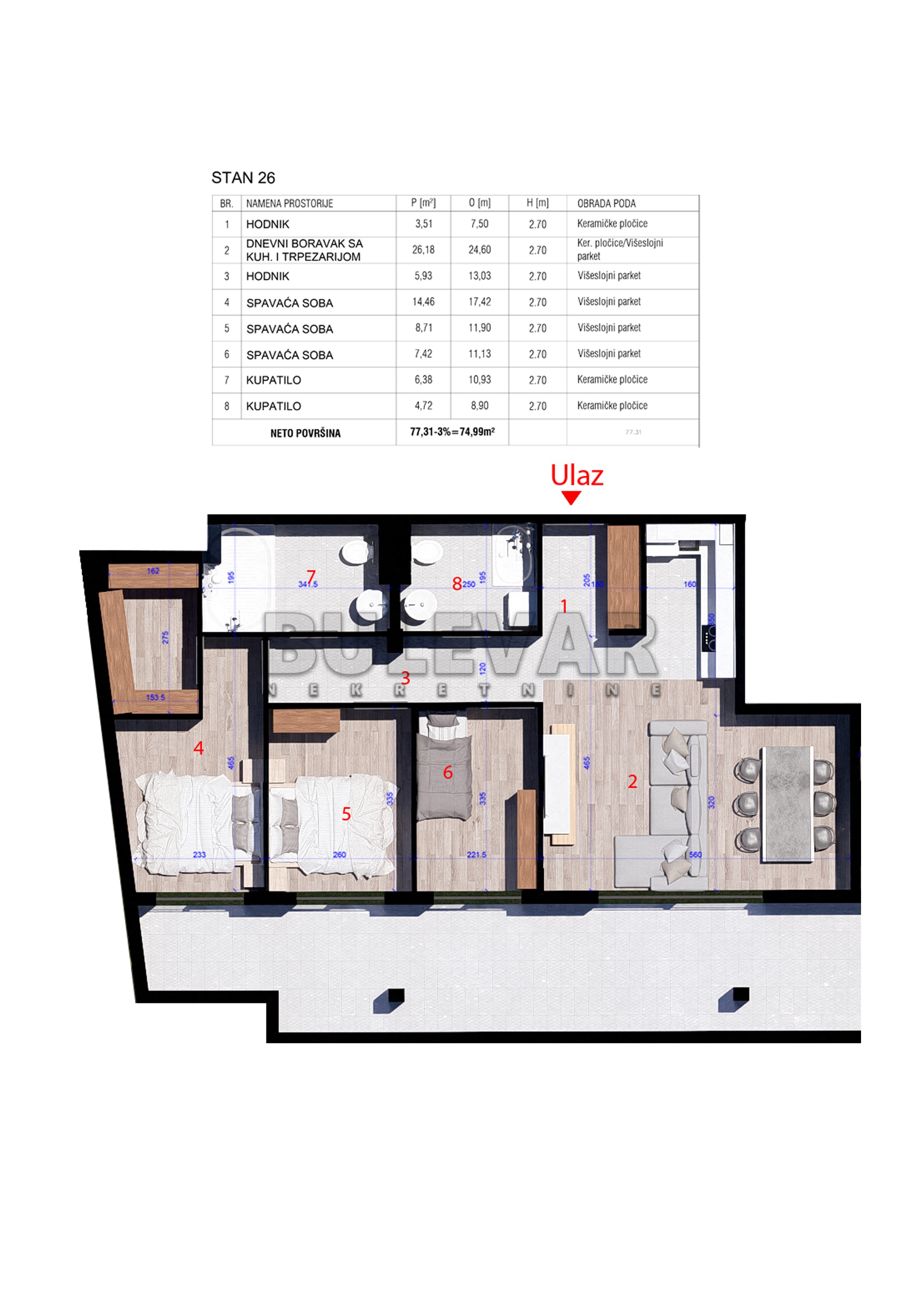 Penthaus sa tri spavaće sobe i dva kupatila - Kragujevac, Aerodrom, 75 m2 plus terasa 29,10 m2, u izgradnji