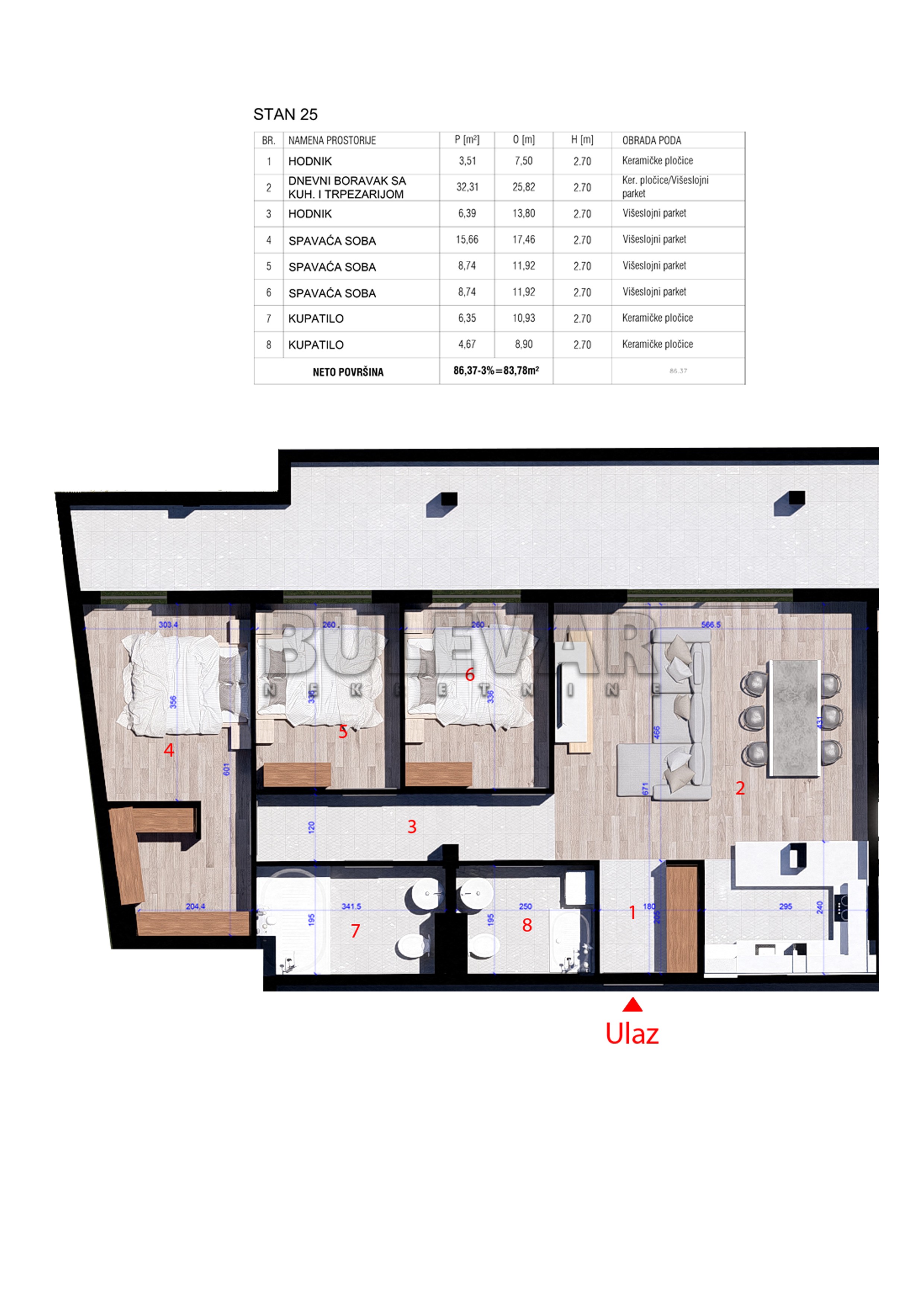 Penthaus sa tri spavaće sobe i dva kupatila - Kragujevac, Aerodrom, 83,78 m2 plus terasa 31,20 m2, u izgradnji