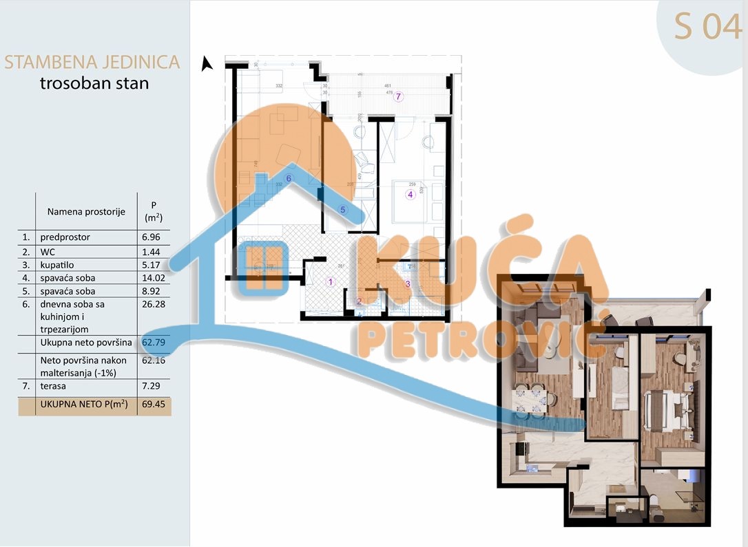 Trosoban stan Pantelej(Niš) 69,45m², 3 sprat — slika 2